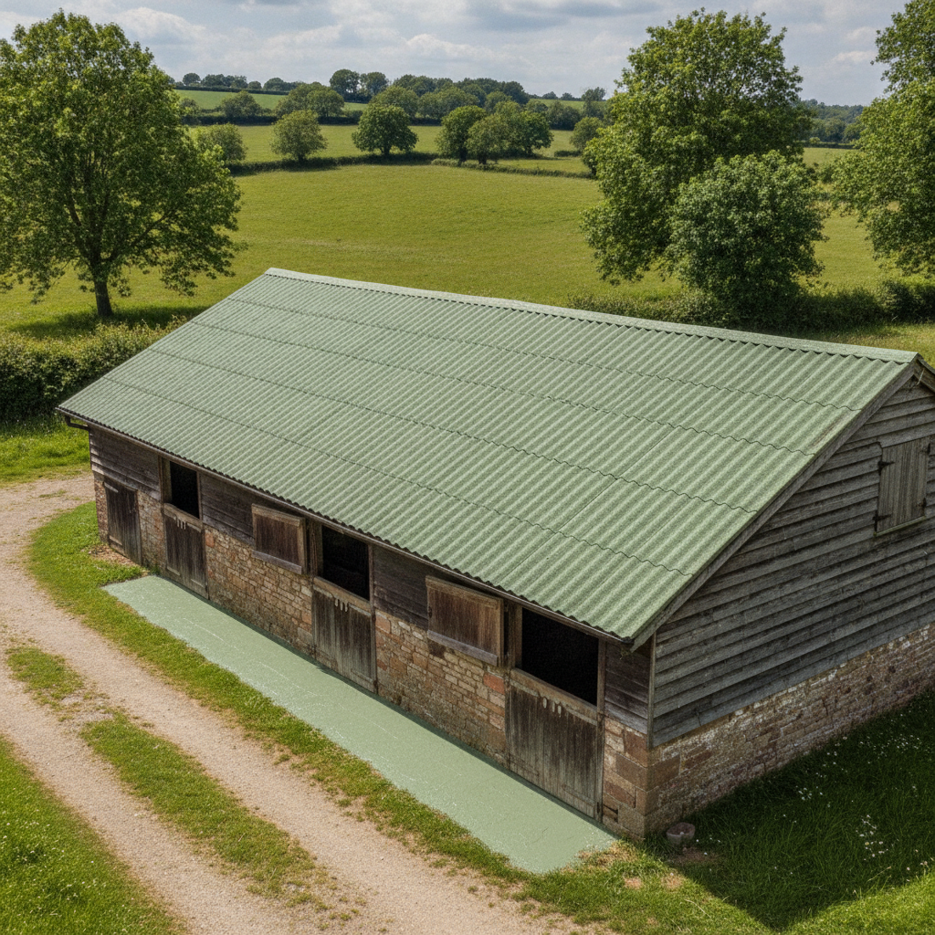 Moss green asbestos roof paint on a corrugated cement stable roof in the UK