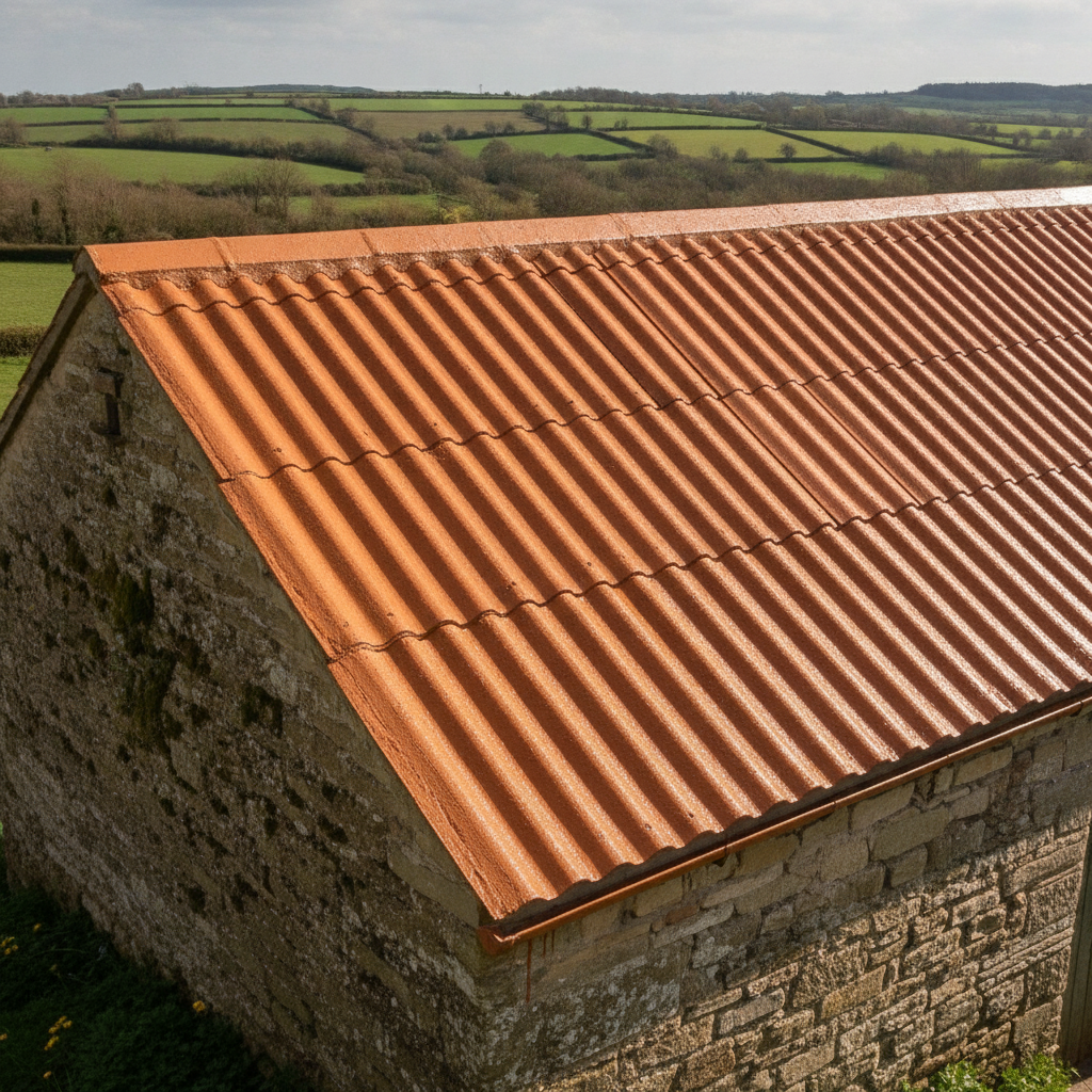 Terracotta asbestos roof paint on a cement tile-profile cottage outbuilding roof in the UK