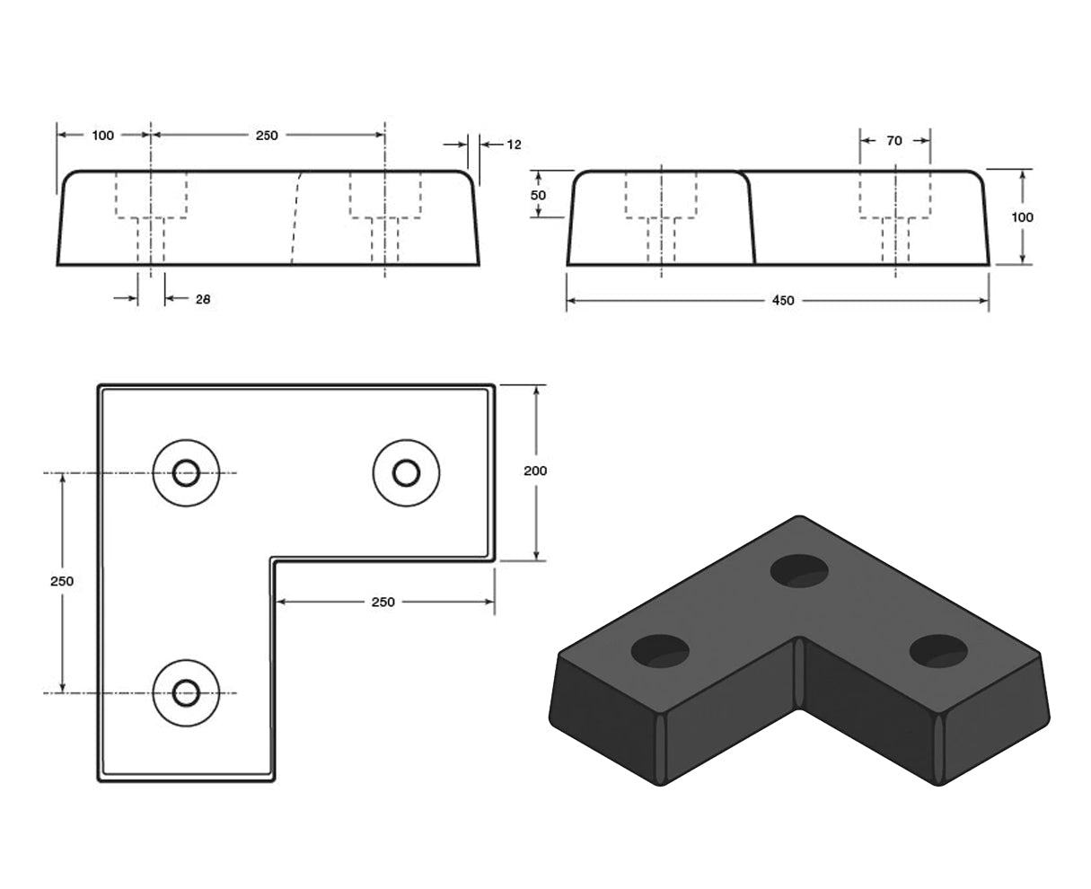 L Shape Rubber Dock Bumper - 450 x 450 x 100 mm