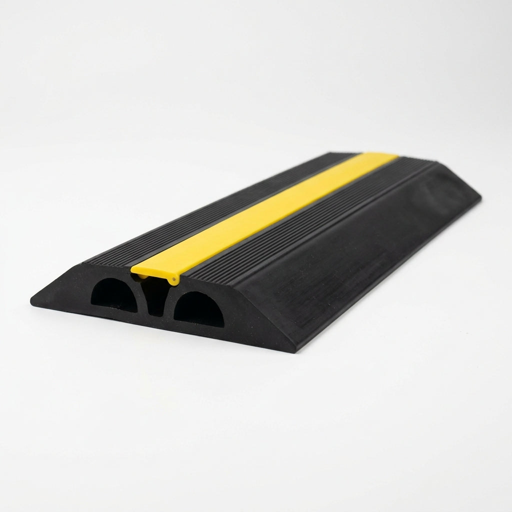 Low profile two channel rubber cable cover, 107mm wide, both channels visible at the open end