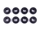Set of eight black rubber gearbox linkage bushes arranged in two rows, studio shot
