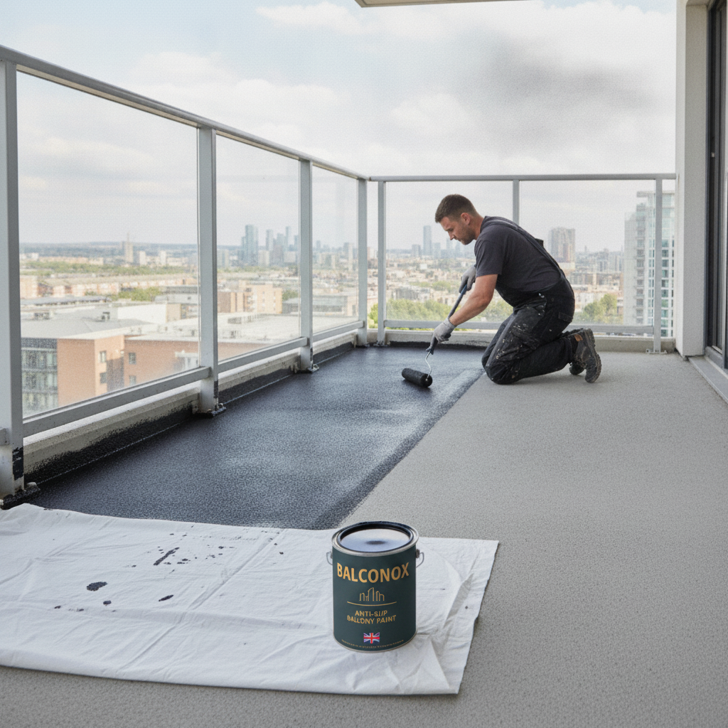 Black Balconox anti-slip balcony paint being applied to a balcony floor for a bold contemporary finish