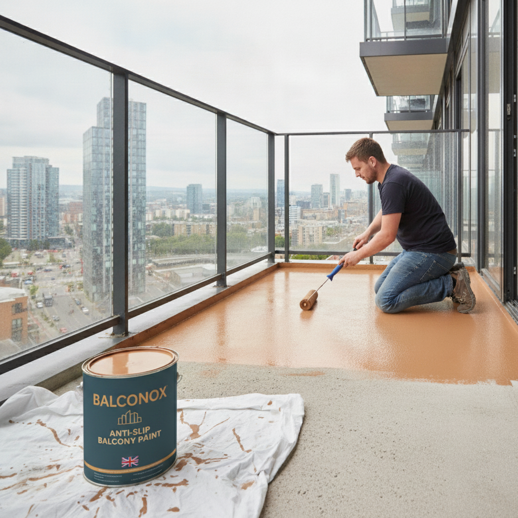 Brown Balconox anti-slip balcony paint being rolled onto a balcony floor with glass railings