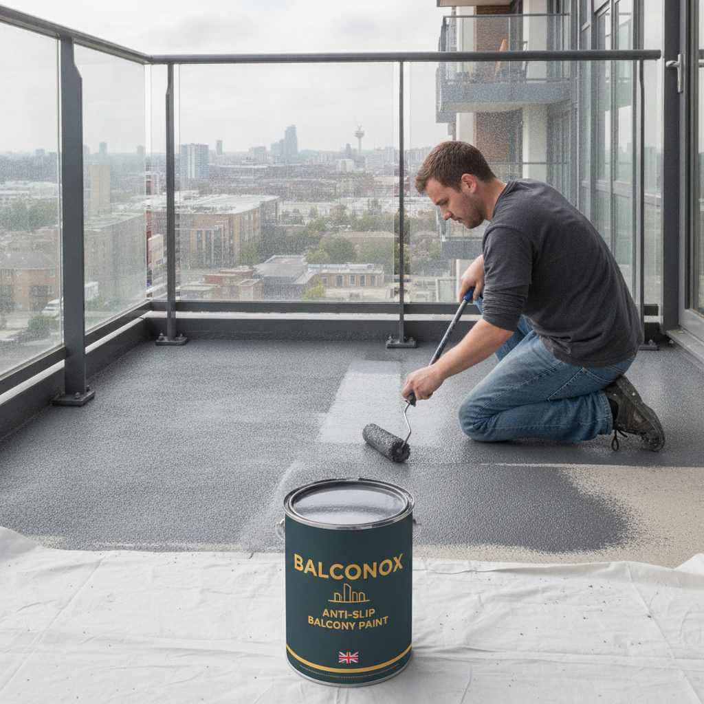 Charcoal grey Balconox anti-slip balcony paint being applied to a high-rise apartment balcony floor with a city view