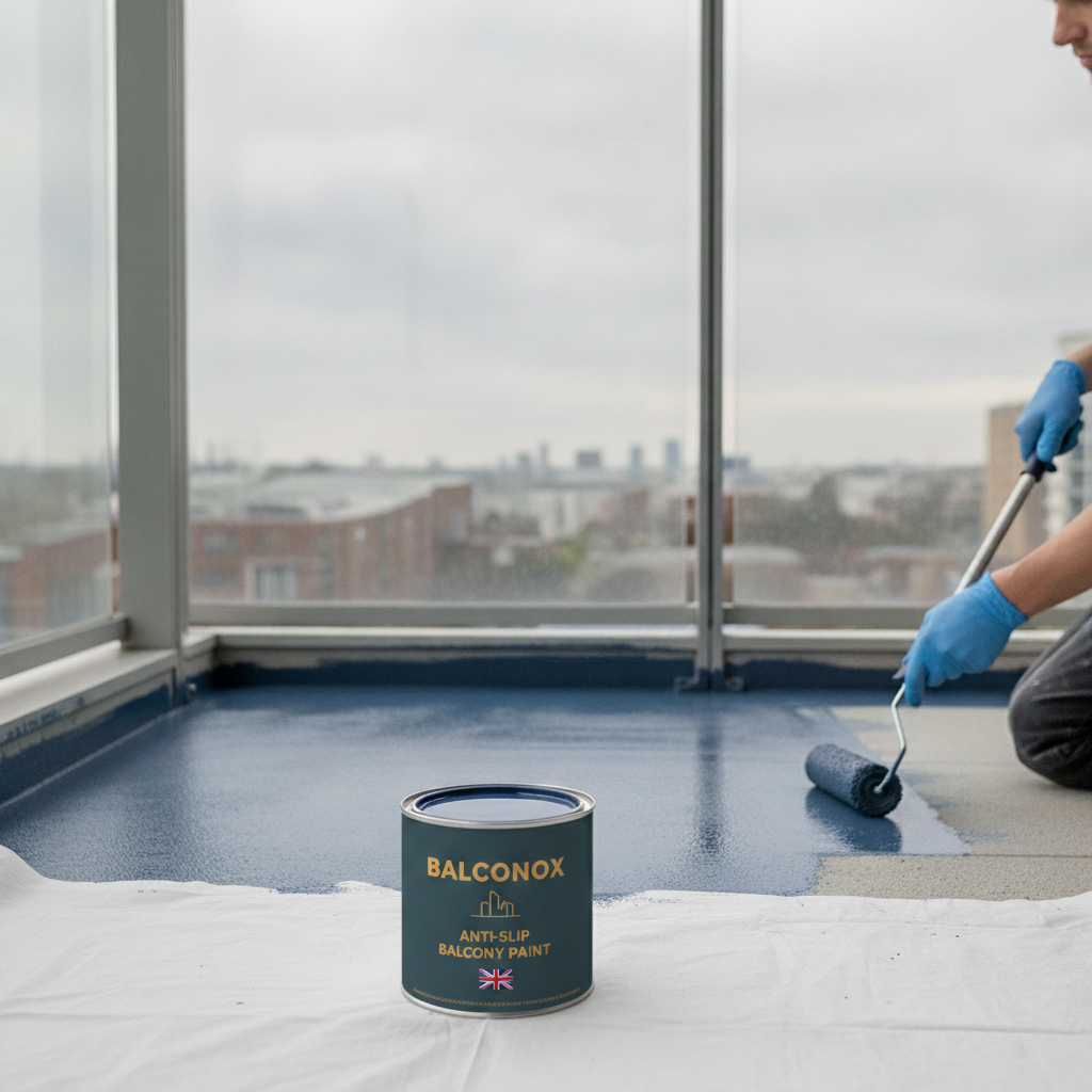 Dark blue Balconox anti-slip balcony paint being rolled onto a balcony floor with a city view