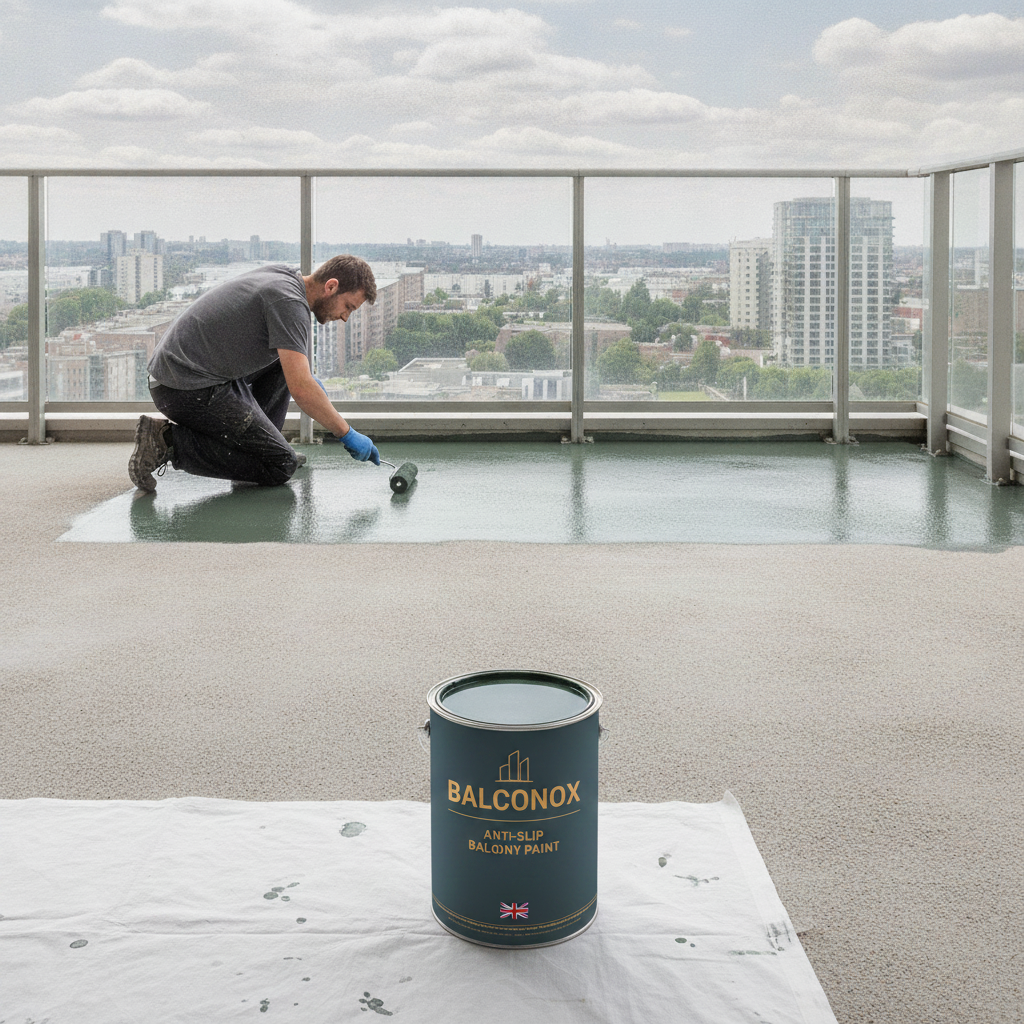 Dark green Balconox anti-slip balcony paint being applied to a balcony floor overlooking the city