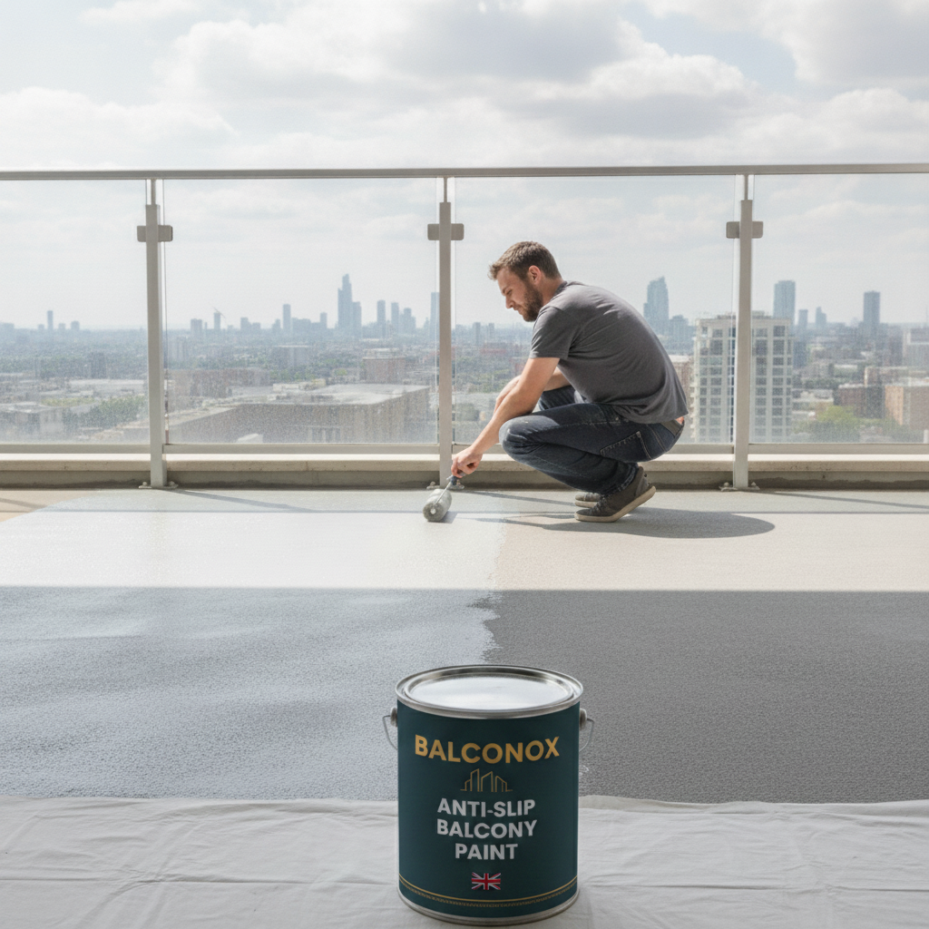 Light grey Balconox anti-slip balcony paint being applied to a concrete terrace floor
