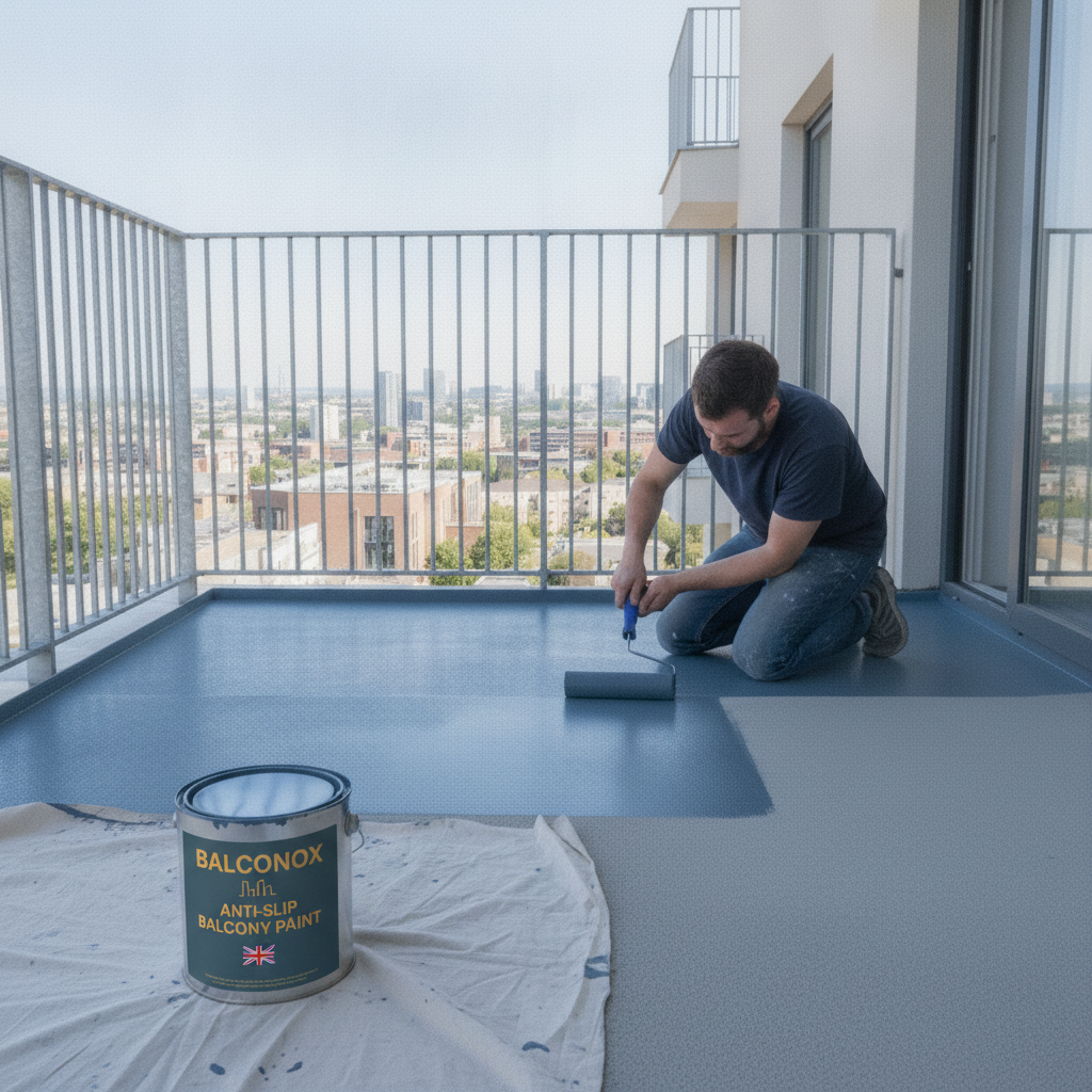 Mid blue Balconox anti-slip balcony paint being applied to a high-rise balcony floor