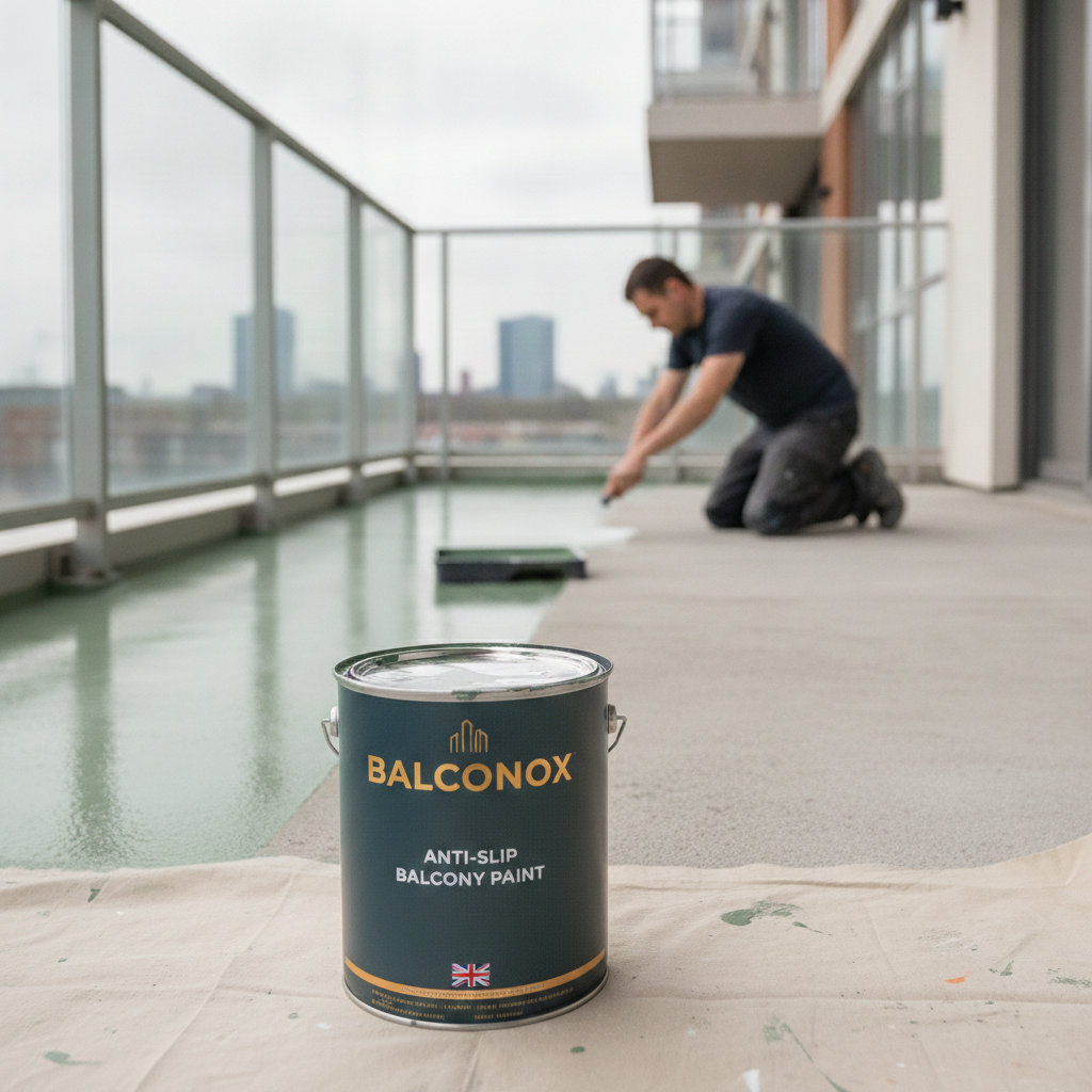 Mid green Balconox anti-slip balcony paint being rolled onto a balcony floor