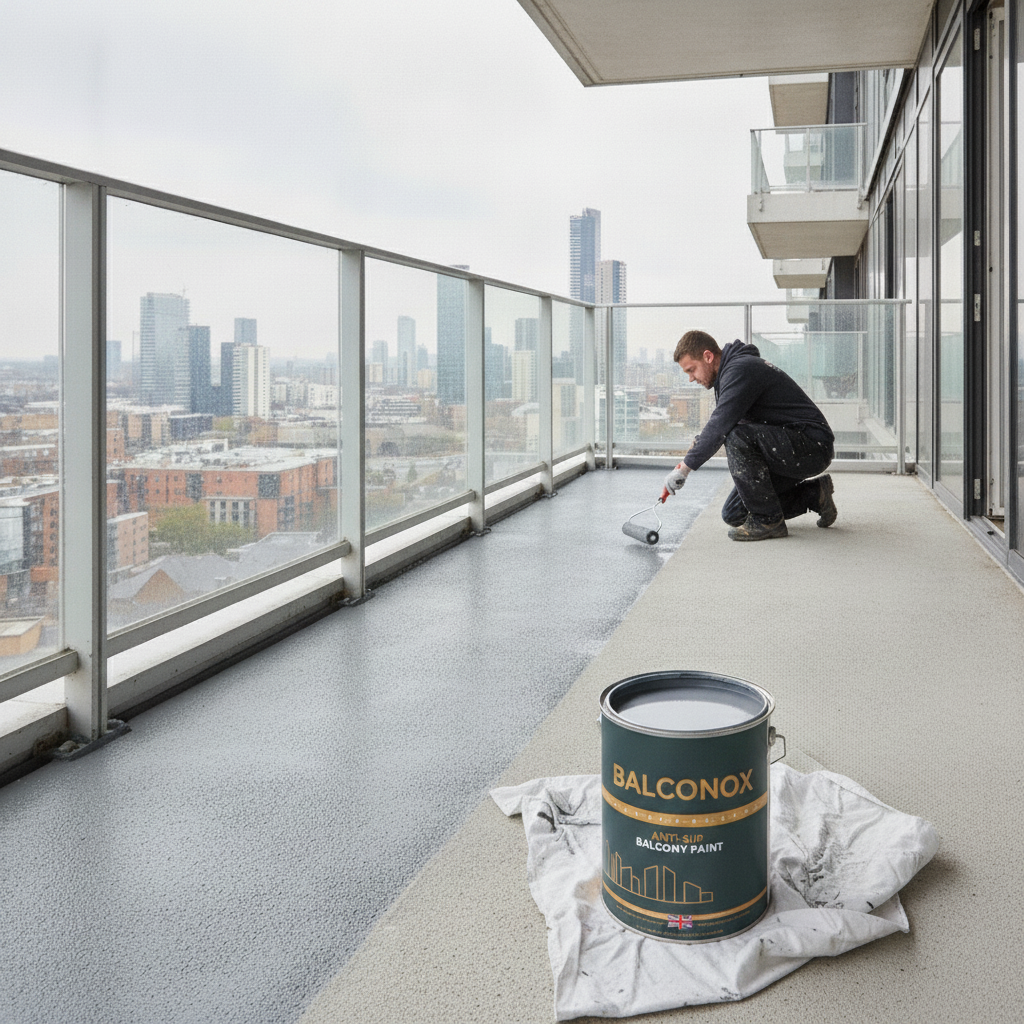 Mid grey Balconox anti-slip balcony paint being rolled onto a balcony floor overlooking a city skyline