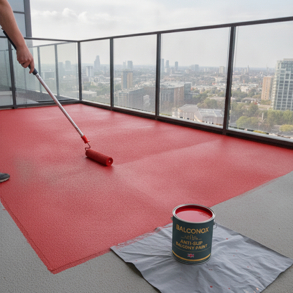 Red Balconox anti-slip balcony paint being rolled onto a high-rise balcony floor
