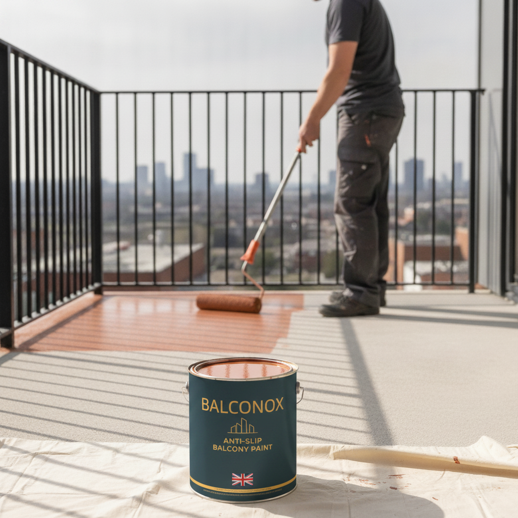 Terracotta Balconox anti-slip balcony paint being rolled onto a balcony floor overlooking a city