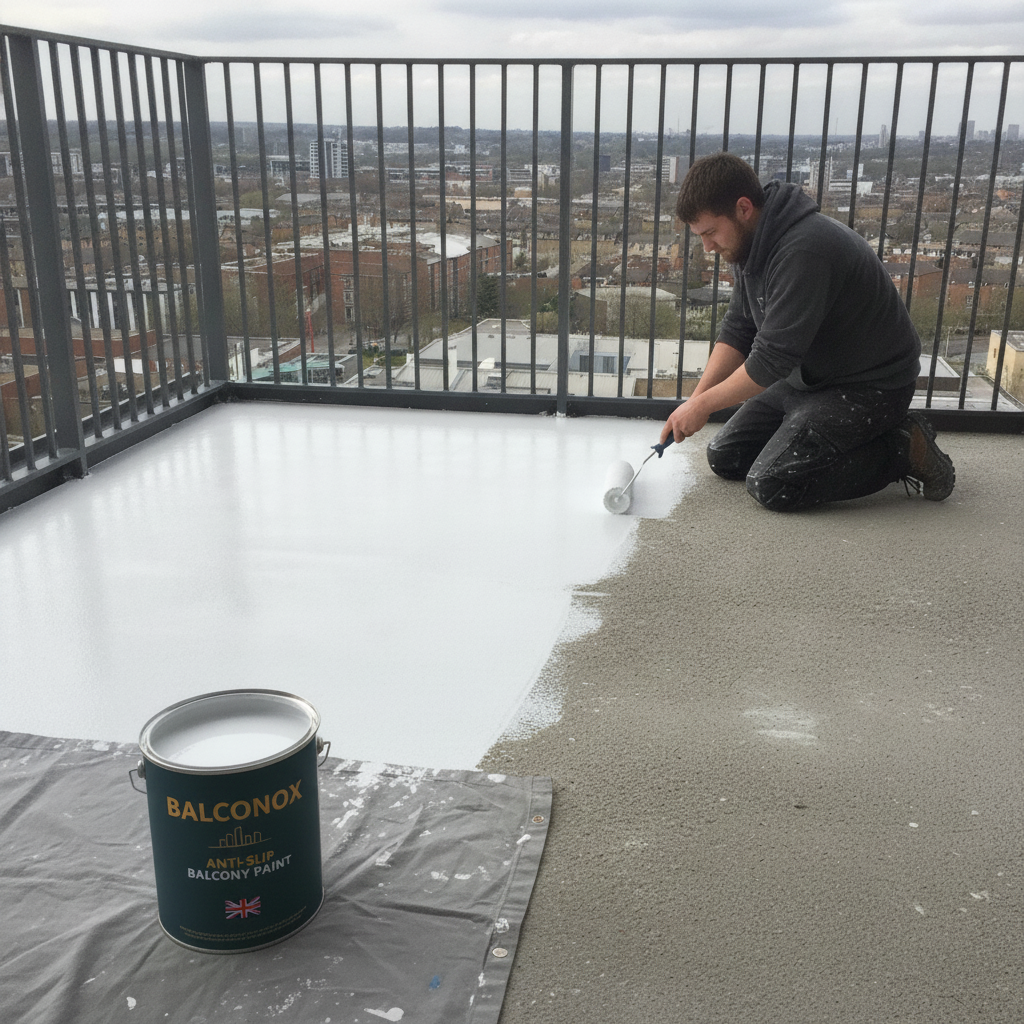 White Balconox anti-slip balcony paint being applied to a balcony floor with a city skyline view