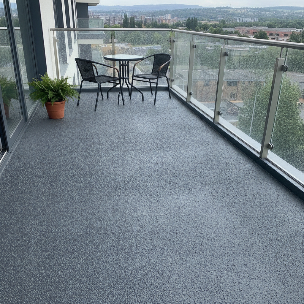 Charcoal TerraceShield anti-slip balcony paint applied to a balcony floor, a modern apartment balcony with a small bistro table and two chairs