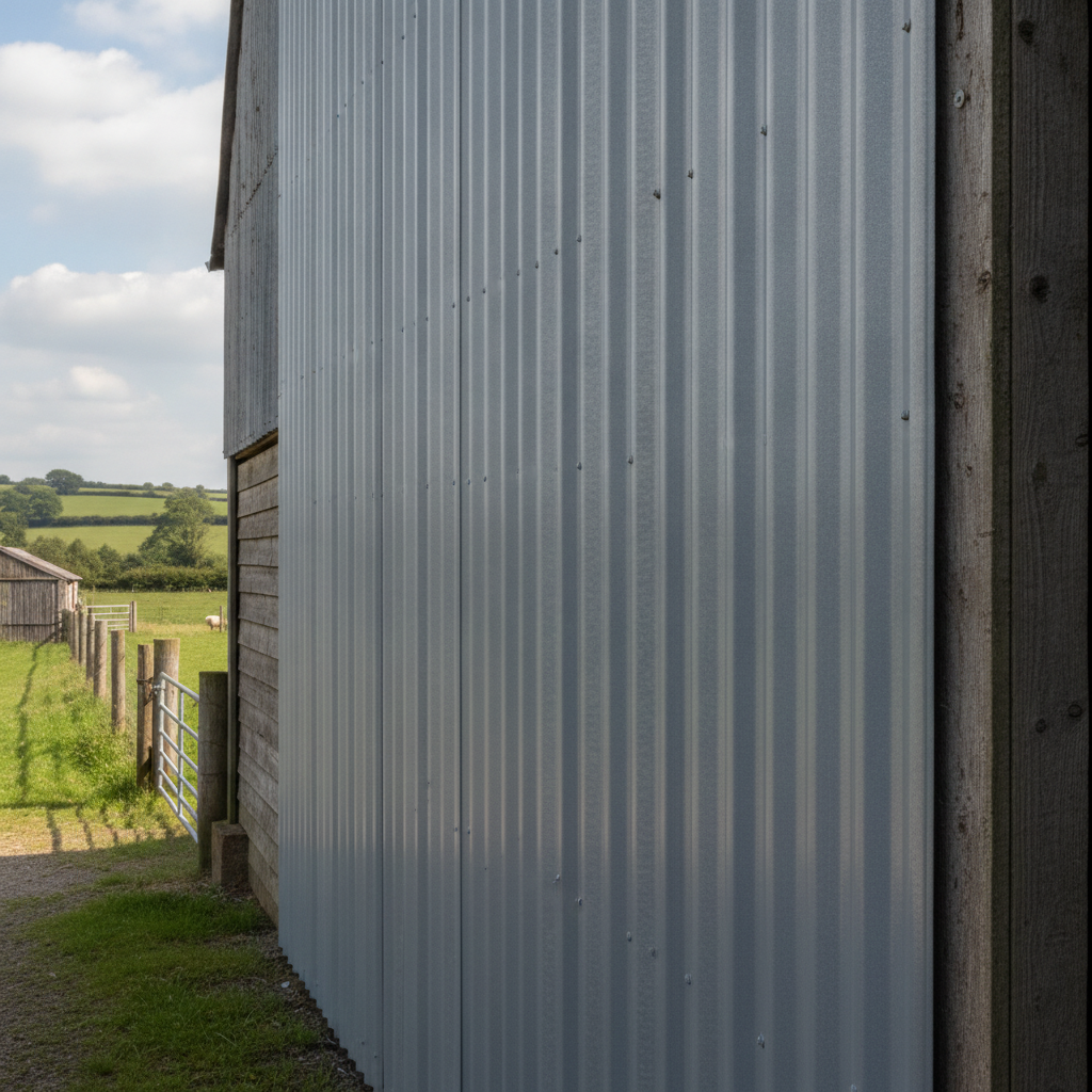 Light Grey oxide gloss barn and shed paint on galvanised steel cladding on a UK farm