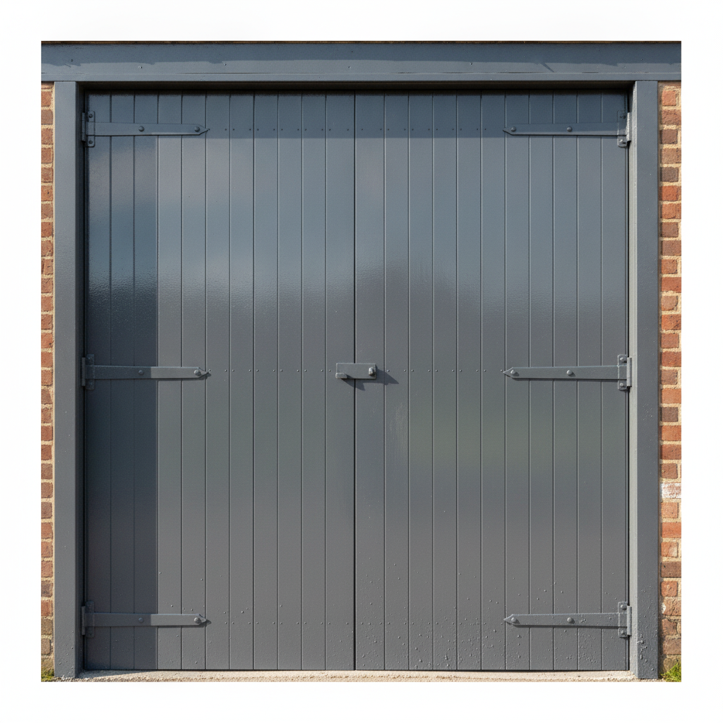 Mid Grey oxide gloss barn and shed paint on a timber barn door in the UK