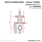 Dimensioned cross-section in mm: 5.5mm T-head, 14mm tall, 7mm flange over a hollow 3mm bulb, 6mm skirt leg