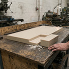 Thick beige homopolymer polypropylene sheet on a machine shop bench with a machined block cut from one corner and white swarf