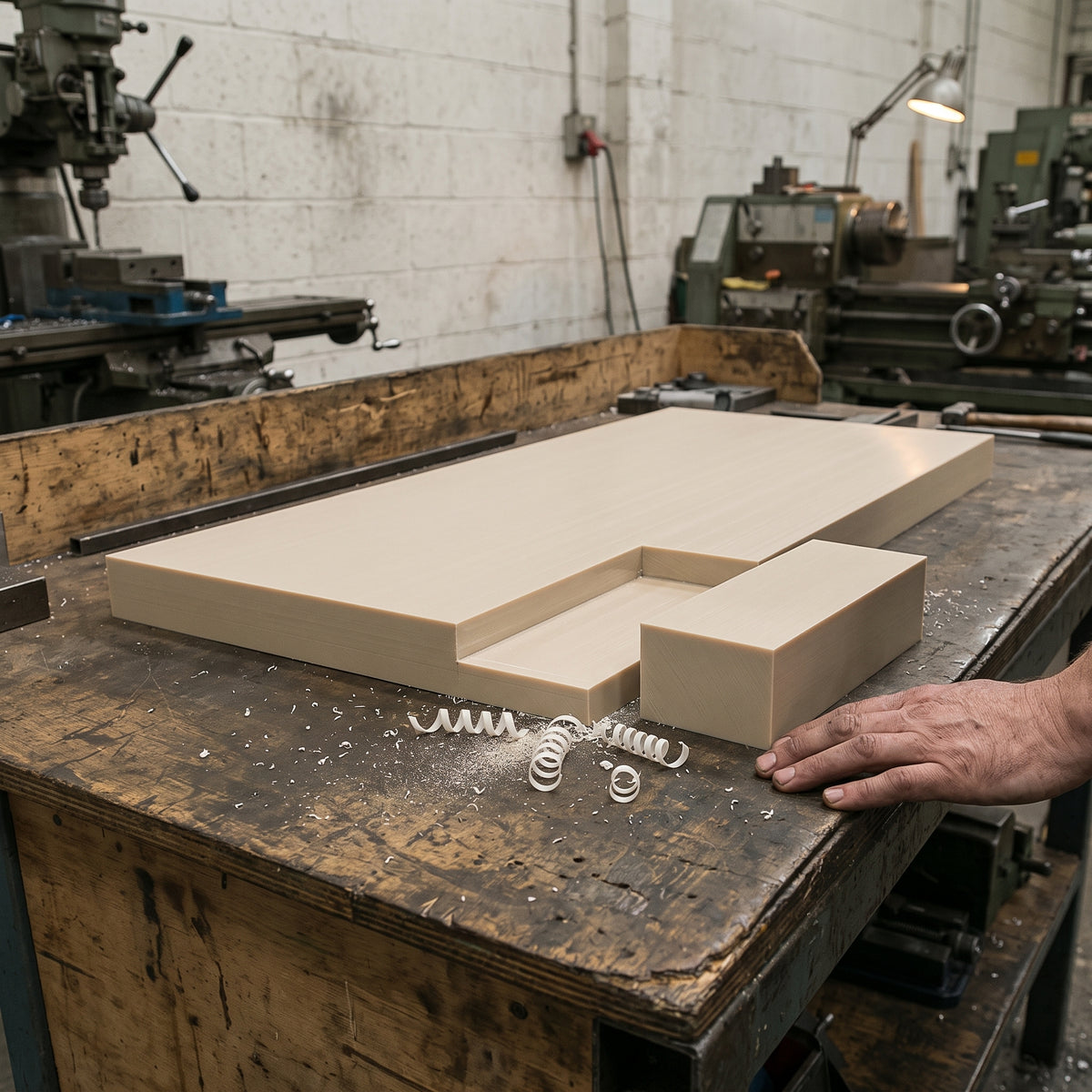 Thick beige homopolymer polypropylene sheet on a machine shop bench with a machined block cut from one corner and white swarf