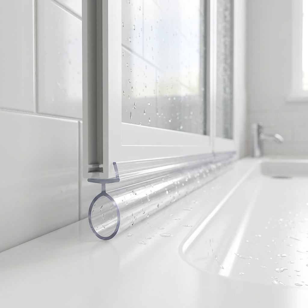 Clear wide 10mm T-head seal with 12mm body sealing a 7-12mm gap under a bifold shower door