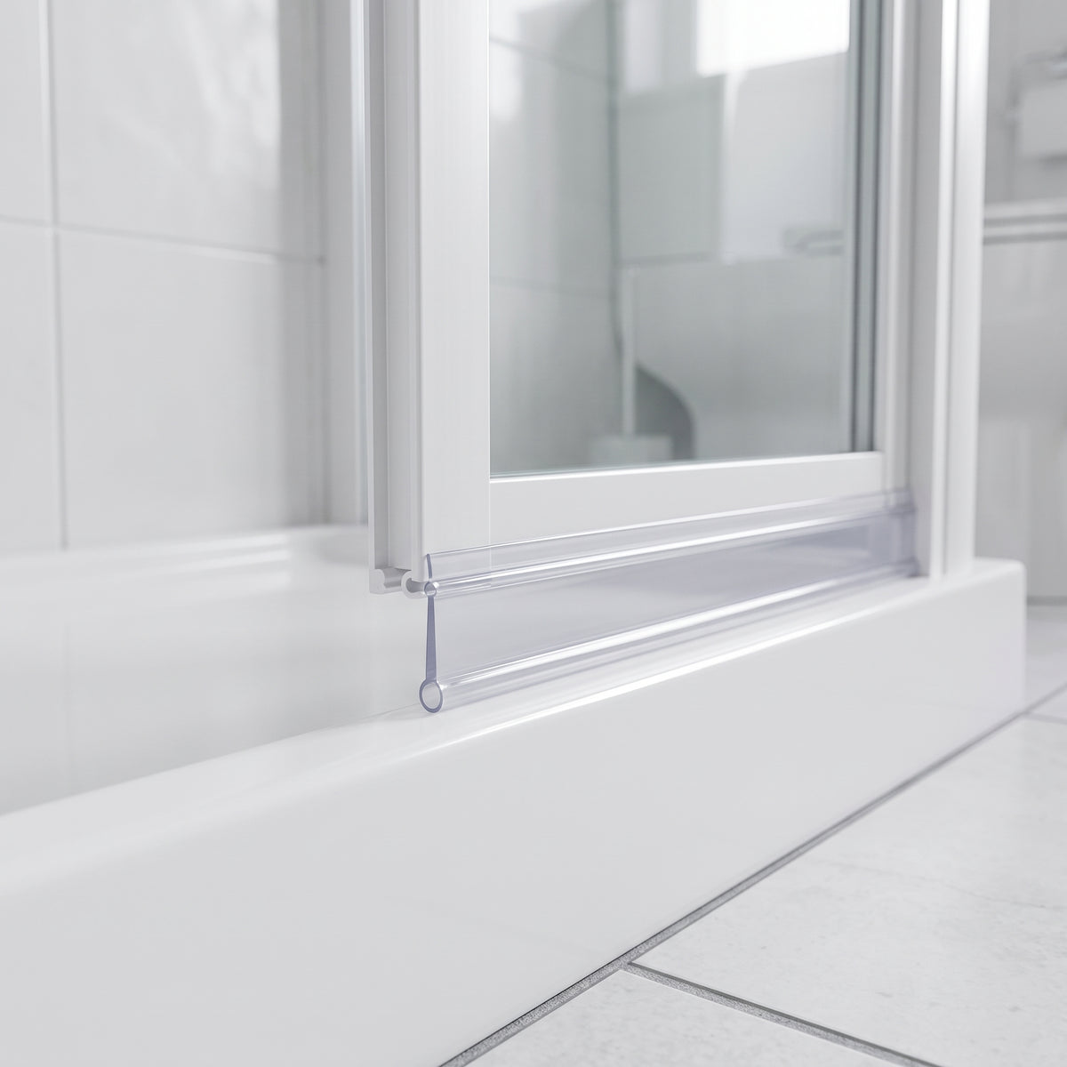 Clear bead-tipped seal along a white bifold door rail, meeting the edge of a white tray