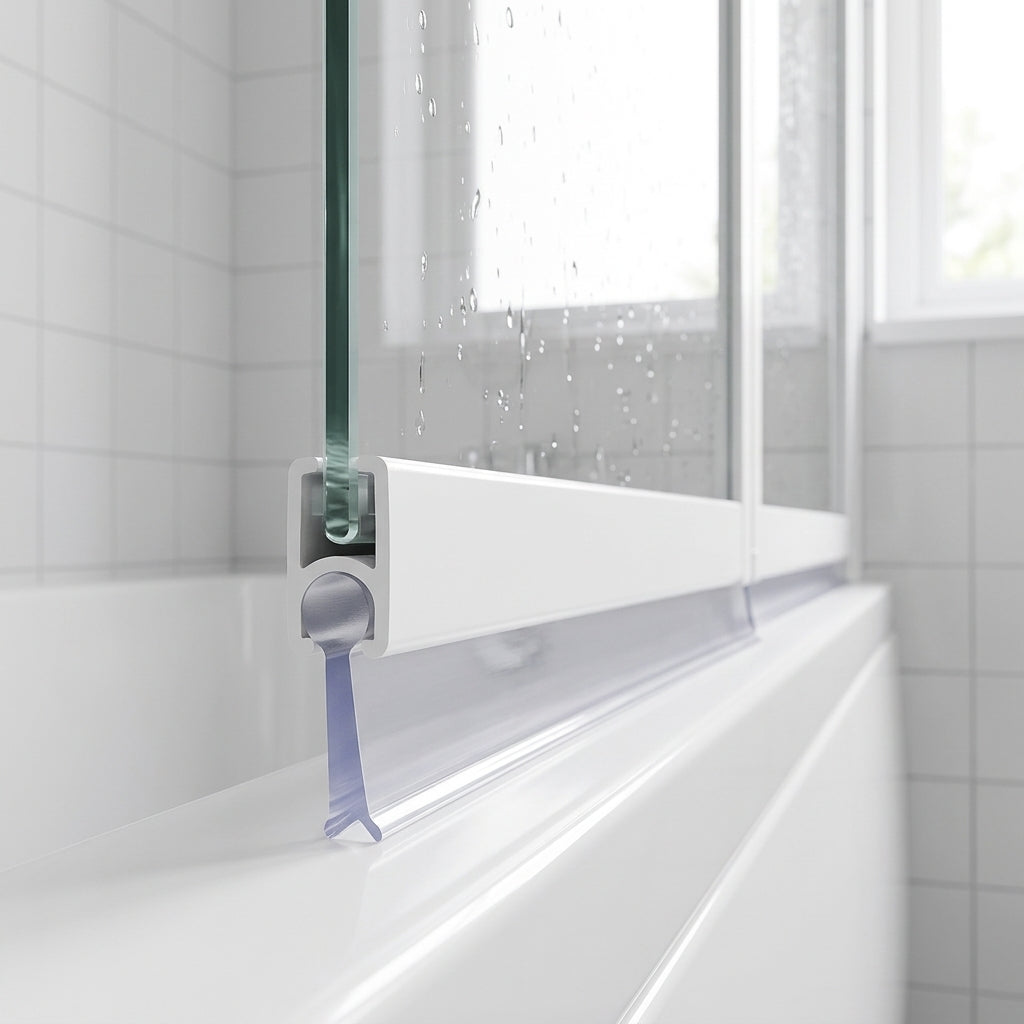 Clear bubble-bead seal in a bath screen channel with tall blade sealing a 14-19mm gap to the bath rim