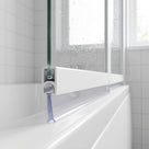 Clear bubble-bead seal in a bath screen channel with tall blade sealing a 14-19mm gap to the bath rim