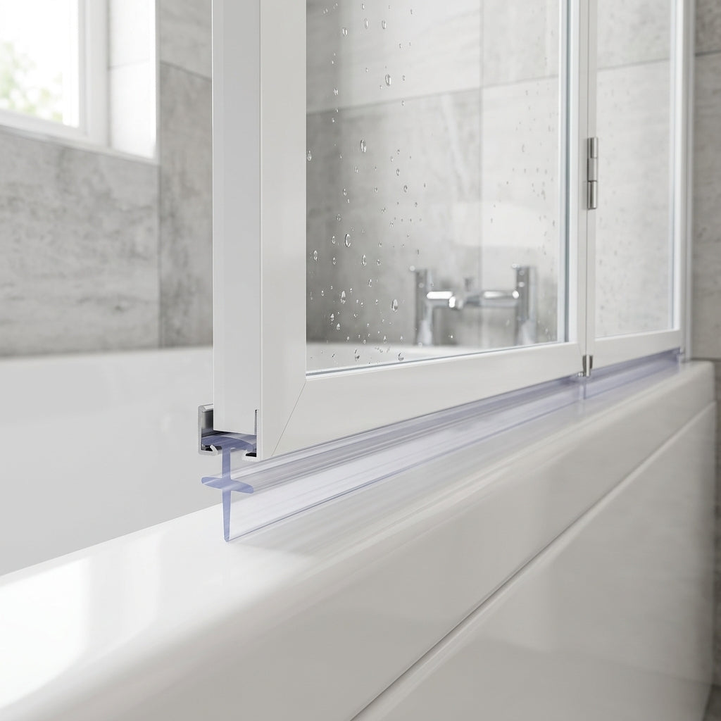 Clear 5mm T-head seal with 8mm body sealing a 3-8mm gap under a bifold bath screen