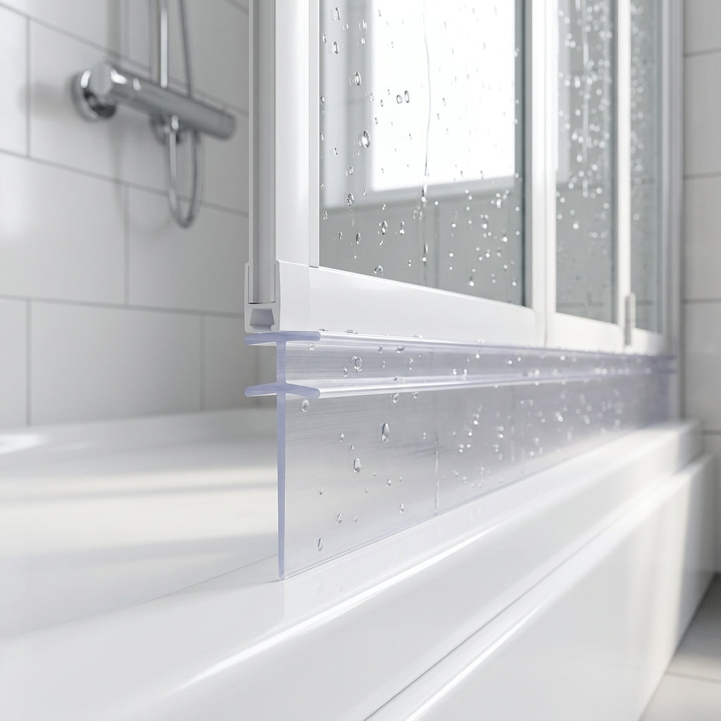Clear 5mm T-head seal with extra tall 28mm blade sealing a 23-28mm gap under a bifold shower door