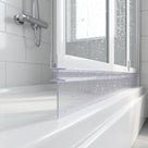 Clear seal with twin stacked flanges and a tall blade under a white bath screen rail, chrome shower behind