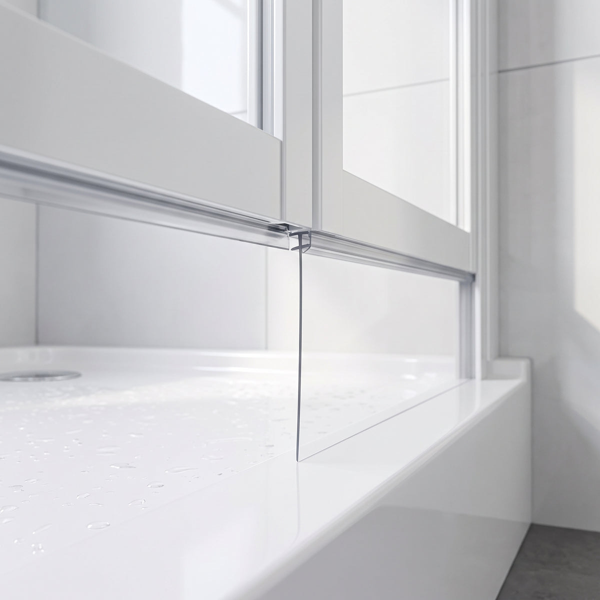 Clear extra tall blade seal hanging from a bifold screen rail down onto the edge of a white tray