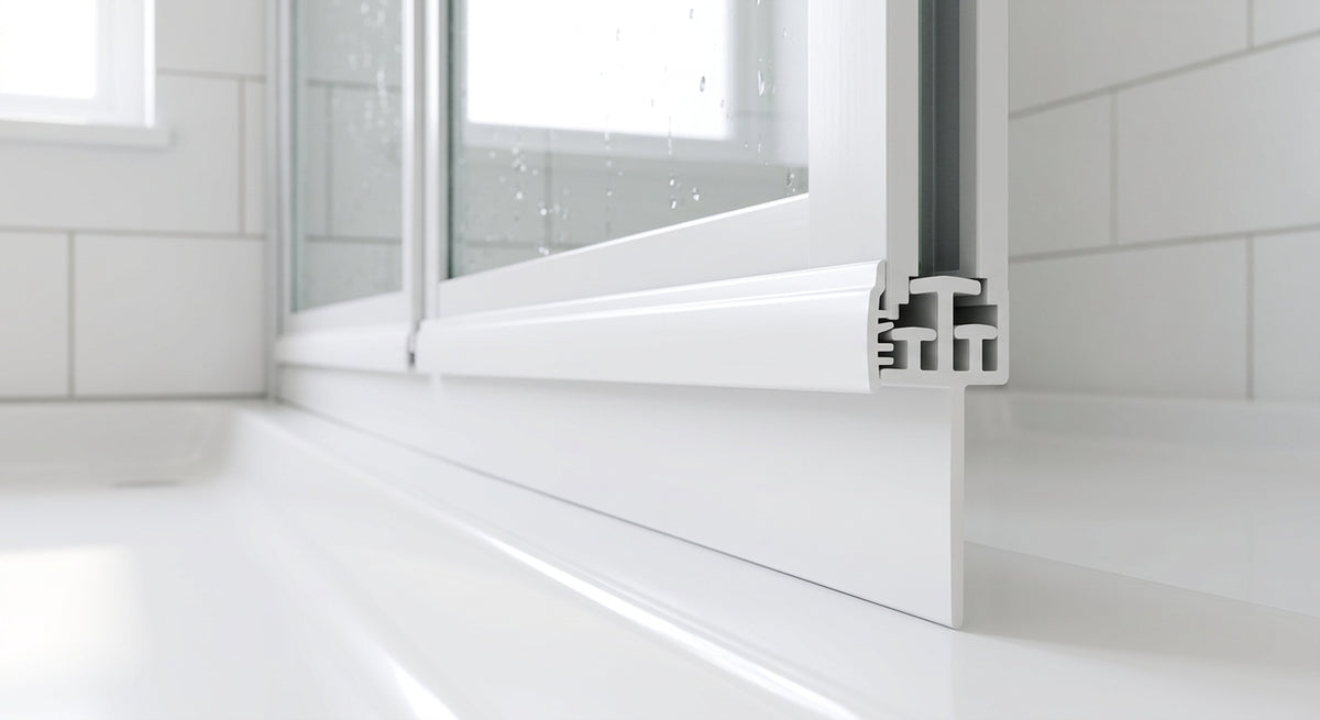 White seal running along the bottom rail of a white bifold bath screen, ridged cut end and blade flat on the bath