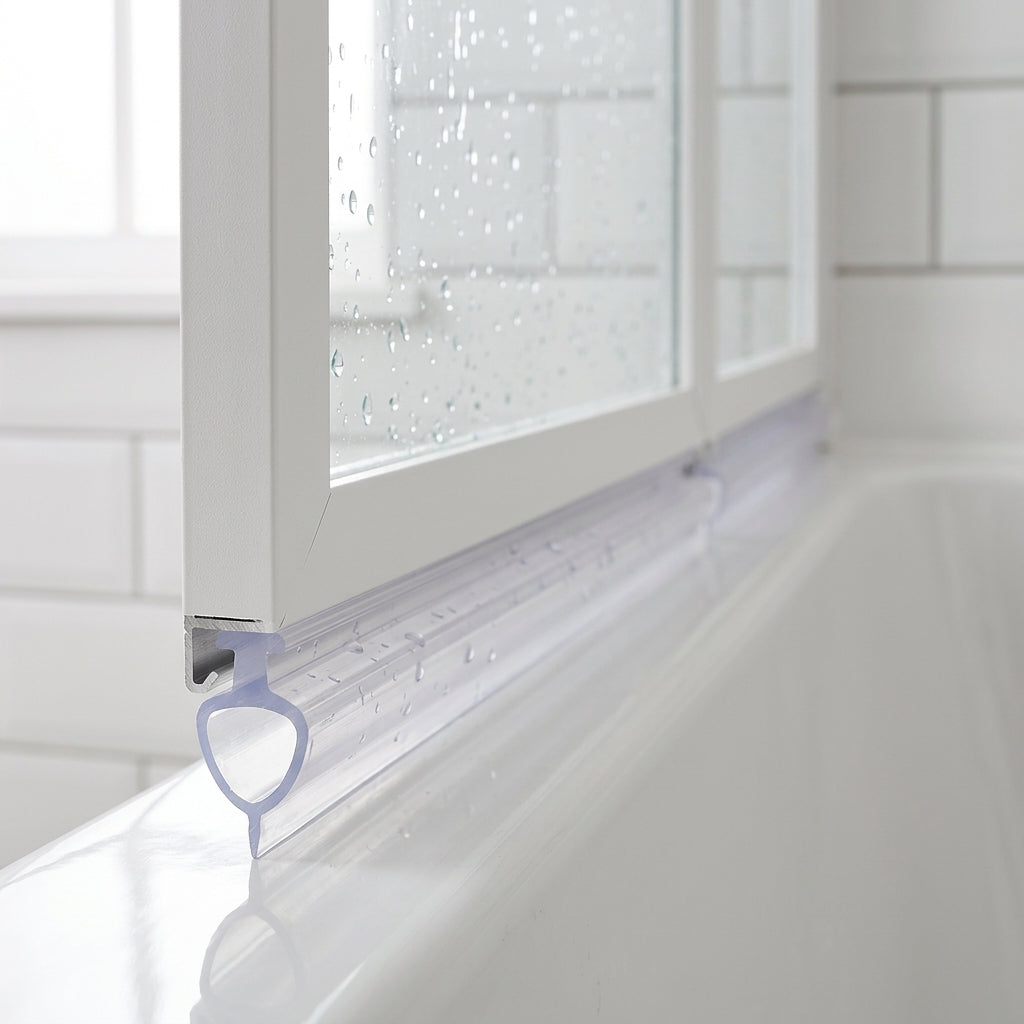 Clear 6.5mm T-head seal with 17mm blade sealing a 12-17mm gap under a bifold bath screen