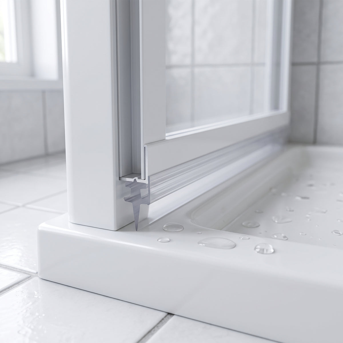 Clear tapered blade seal in a white bifold door bottom rail, meeting a white tray dotted with droplets