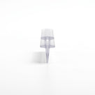 Clear seal cut piece end-on on white, stacked double T-head narrowing into a tapered spike blade