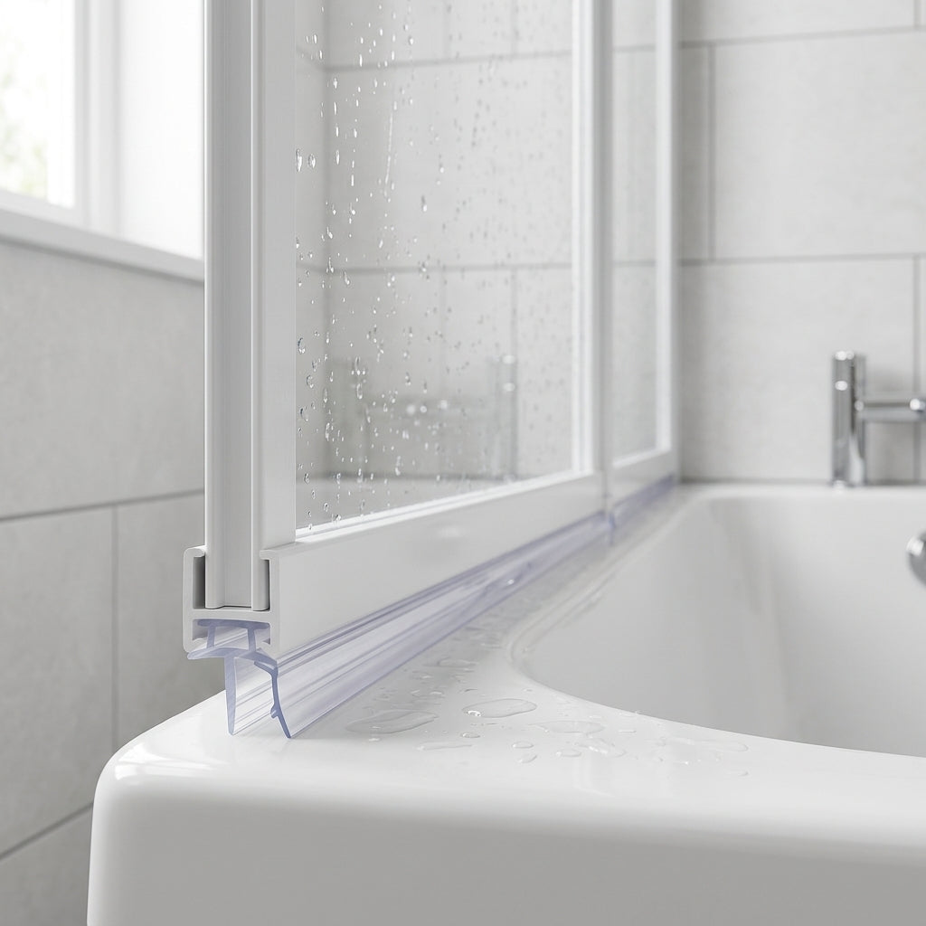 Clear 6mm T-head seal with 9mm body sealing a 4-9mm gap under a bifold bath screen
