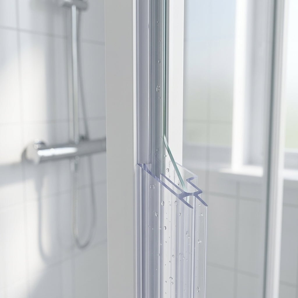Clear 7mm T-head seal fitted vertically on a bifold door upright sealing the glass-to-glass gap