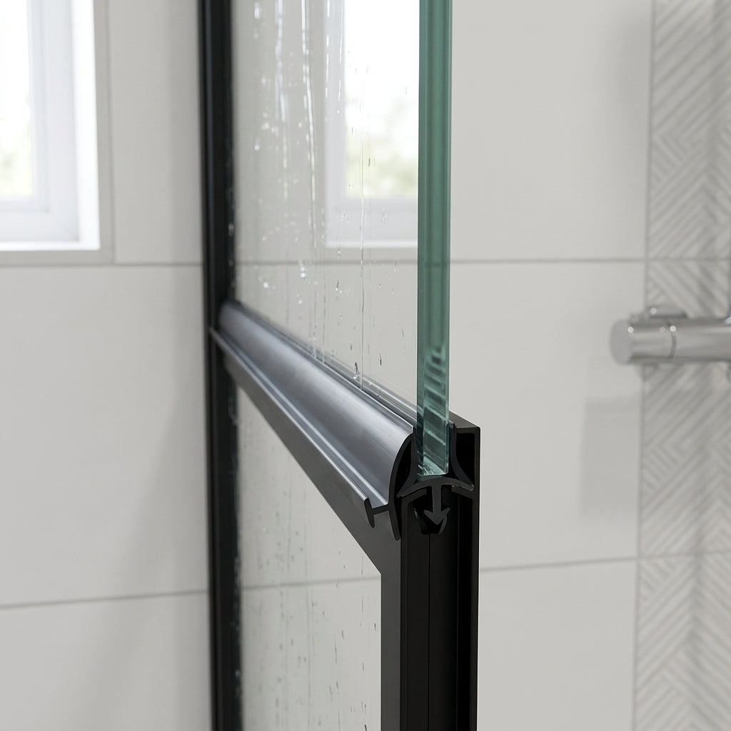 Black 4mm T-head seal fitted vertically on a black-framed bifold door upright between glass panels