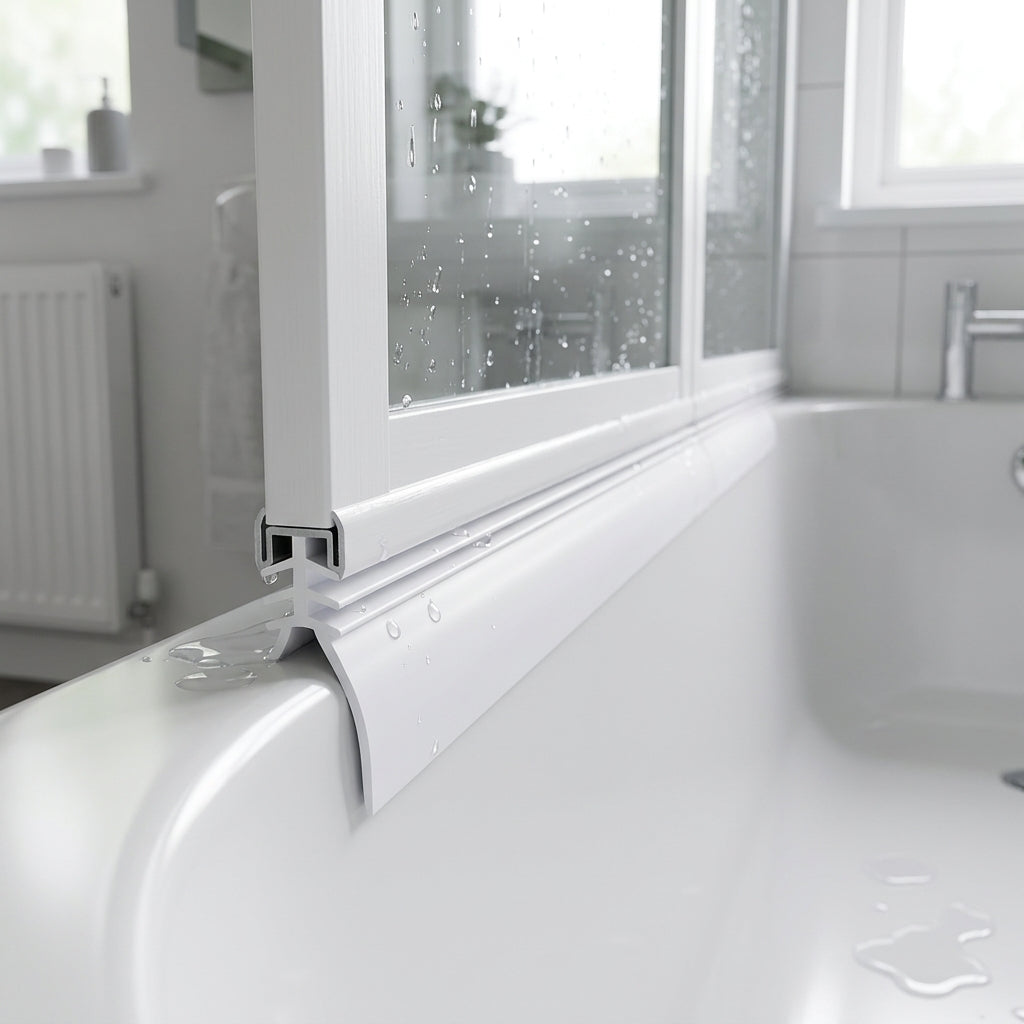 White multi-fit seal with 4mm, 6mm and 8mm T ridges and trimmable blade sealing a bifold bath screen