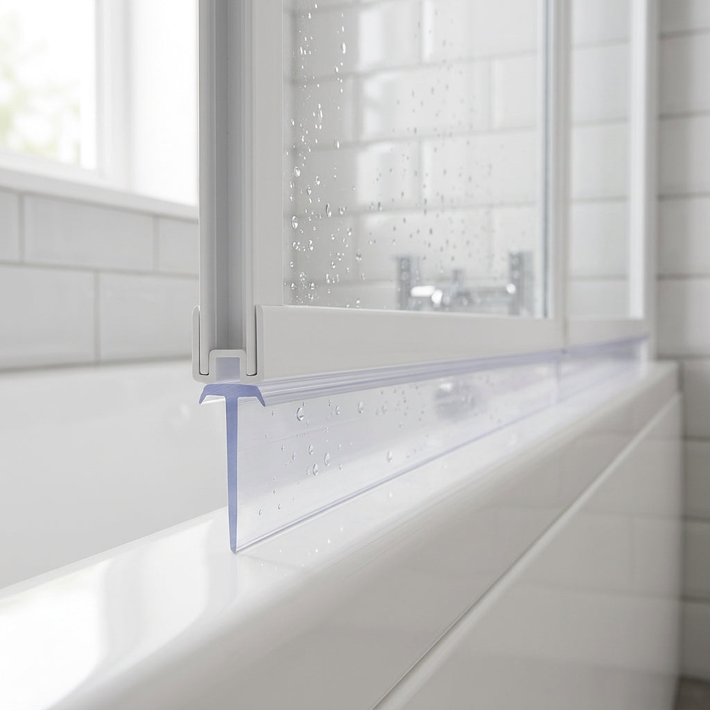 Clear 5mm T-head seal with tall 22mm blade sealing a 17-22mm gap under a bifold bath screen