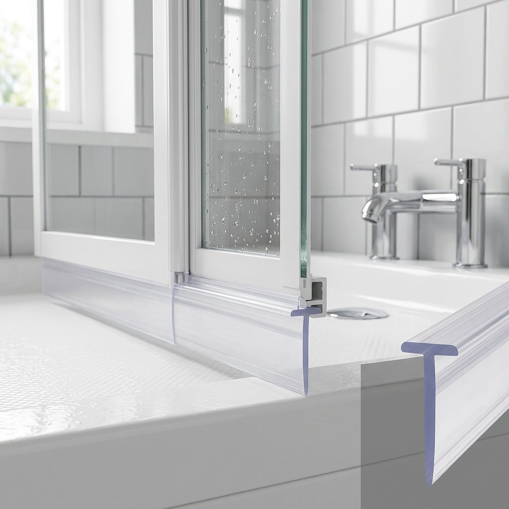 Clear 6mm T-head seal with tall 21mm blade sealing a 16-21mm gap under a bifold shower door