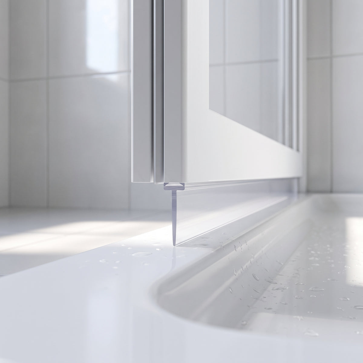 Tall clear blade seal dropping from a bifold door edge onto a sunlit white shower tray