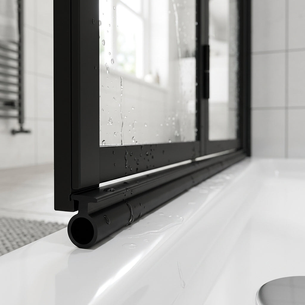 Black 6mm T-head seal fitted under the bottom rail of a black-framed bifold shower door