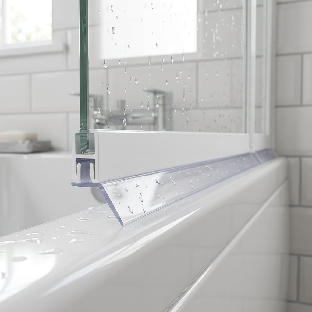 Clear 5mm T-head seal with angled 17mm blade sealing an 8-13mm gap under a bifold bath screen