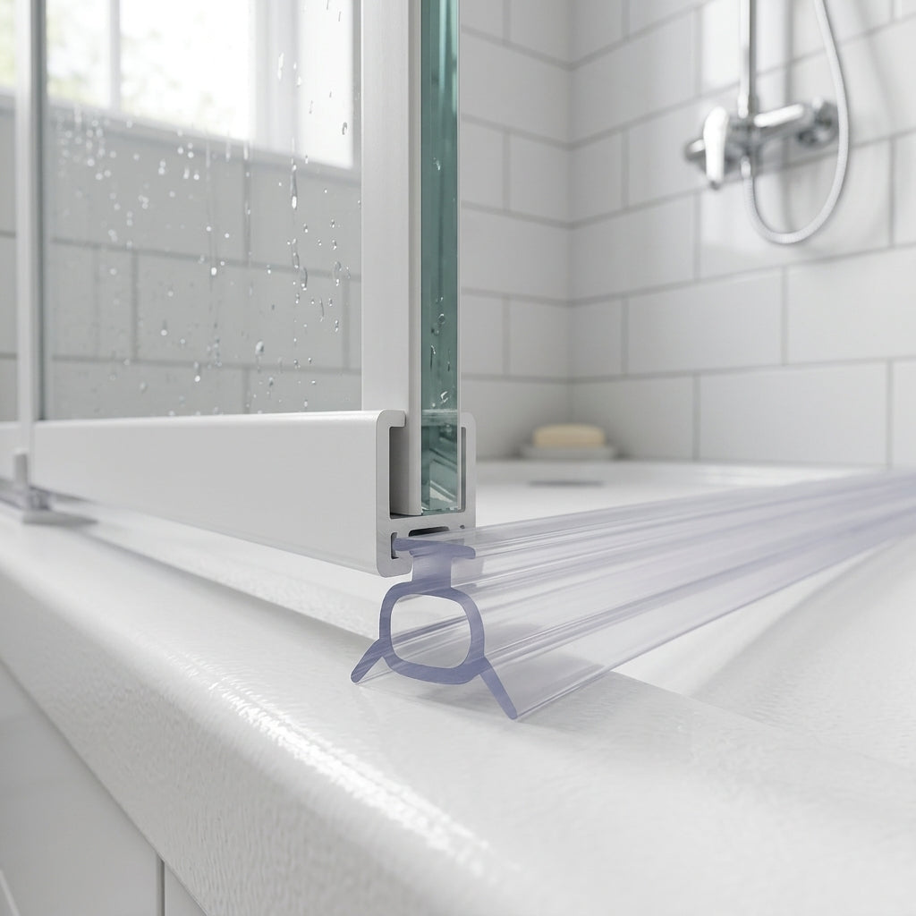 Clear 7.5mm T-head seal with 11mm body sealing a 6-11mm gap under a bifold shower door