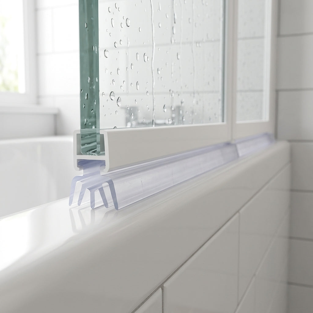 Clear seal with rigid 8mm T-head and 14mm body sealing a 9-14mm gap under a bifold bath screen