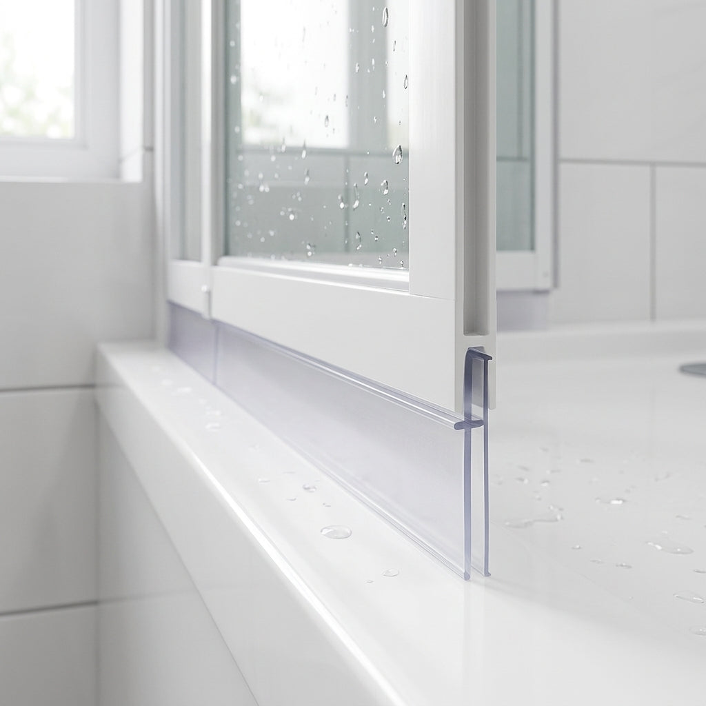 Clear slim 3mm T-head seal in a narrow channel sealing a 7-12mm gap under a bifold shower door