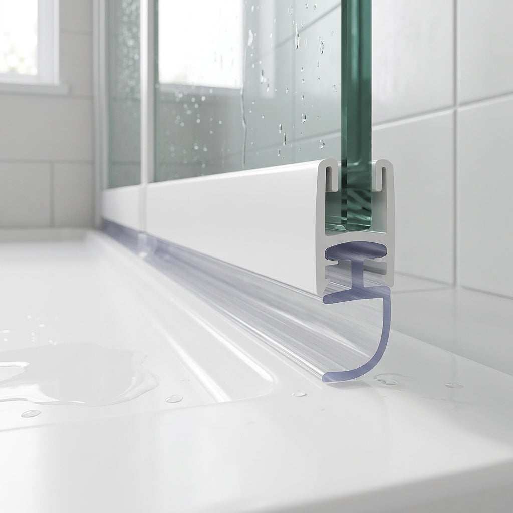 Clear seal with a curling J-hook under a white bath screen rail, on a white bath in a white-tiled room