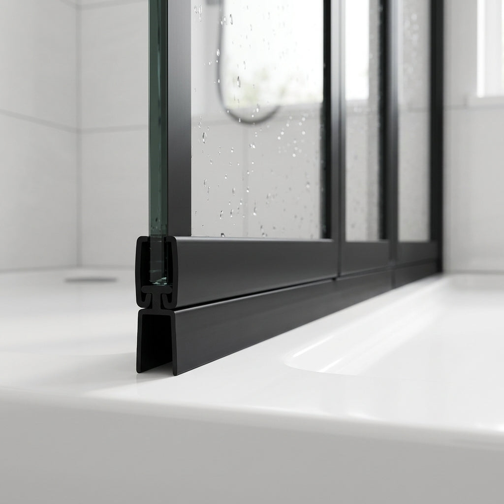Black 4mm T-head seal with 14mm blade sealing a 9-14mm gap on a black-framed bifold shower door