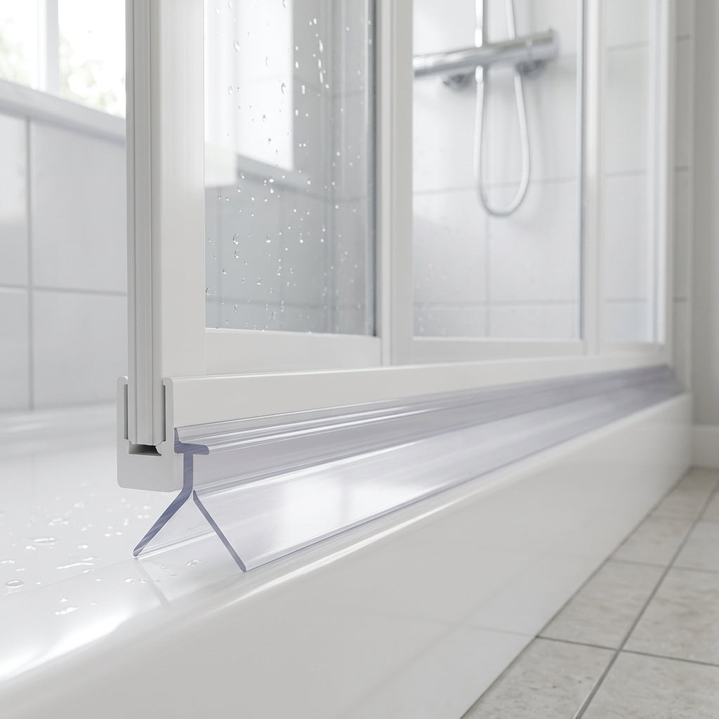 Clear 6mm T-head seal with lowest 5mm profile sealing a tiny 2-5mm gap under a bifold shower door